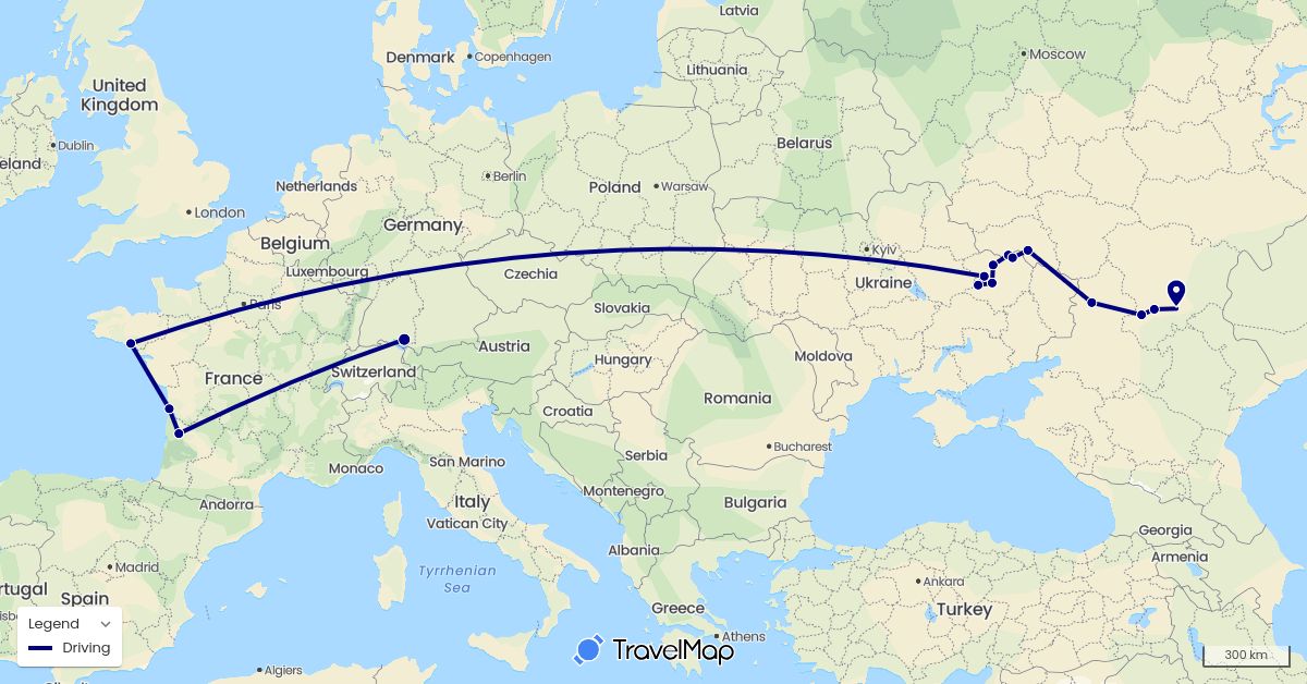TravelMap itinerary: driving in Germany, France, Russia, Ukraine (Europe)